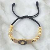 Pulsera Negra Herraje Cinturon Corona 11gr / 7mm Bolas Diamantadas 10und Circones Blancos Negros Oro Amarillo 18K ©