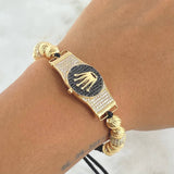 Pulsera Negra Herraje Cinturon Corona 11gr / 7mm Bolas Diamantadas 10und Circones Blancos Negros Oro Amarillo 18K ©