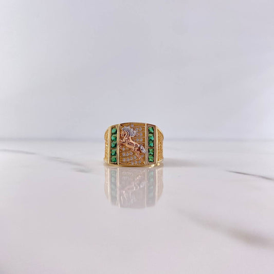 Anillo Caballo 8.3gr / T8 1/2 / Circones Verdes Blancos Tres Oros 18K &