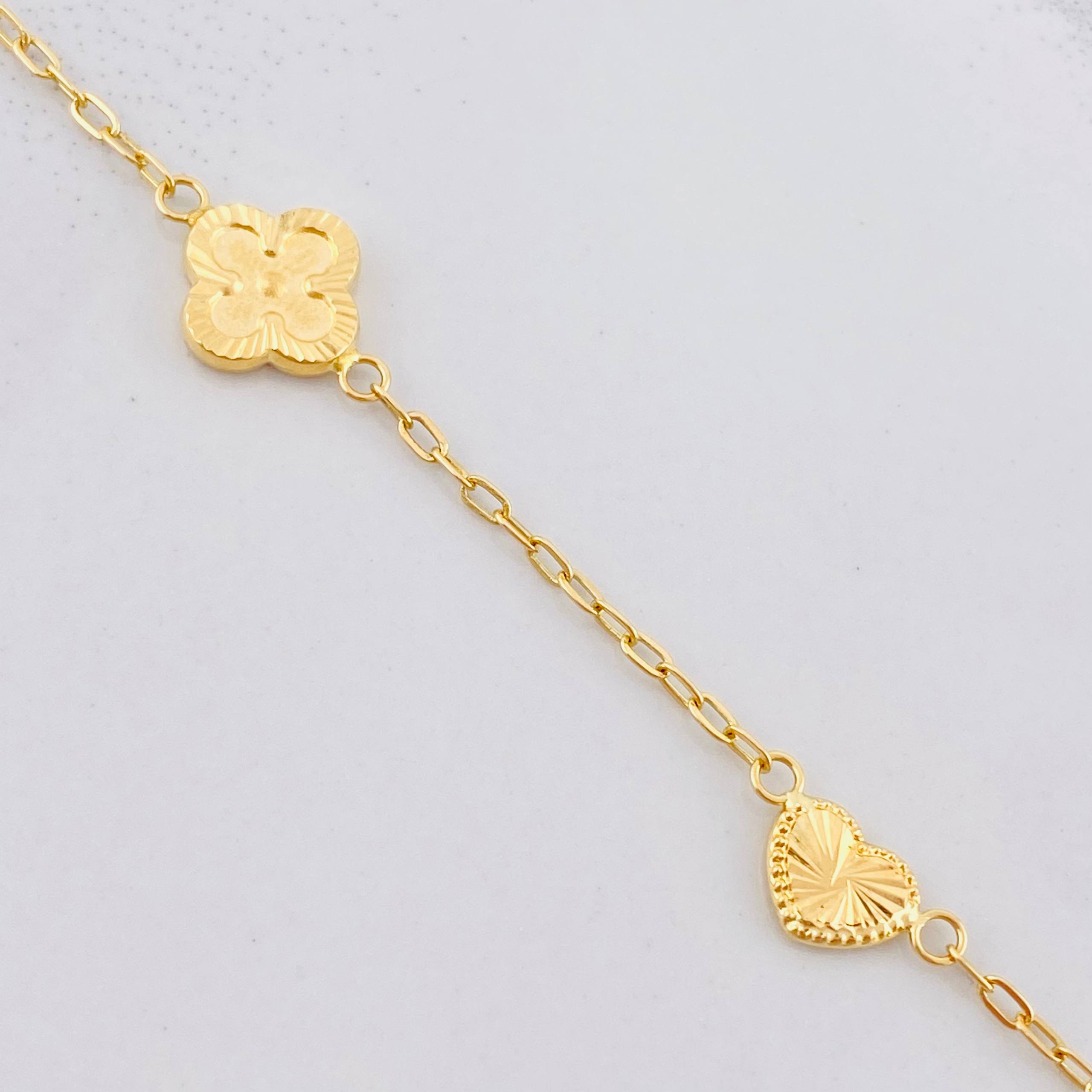 Pulso Aro Seguido Trébol y Corazón Diamantados 2.55g / 18.5cm / 1.65mm Oro Amarillo 18K