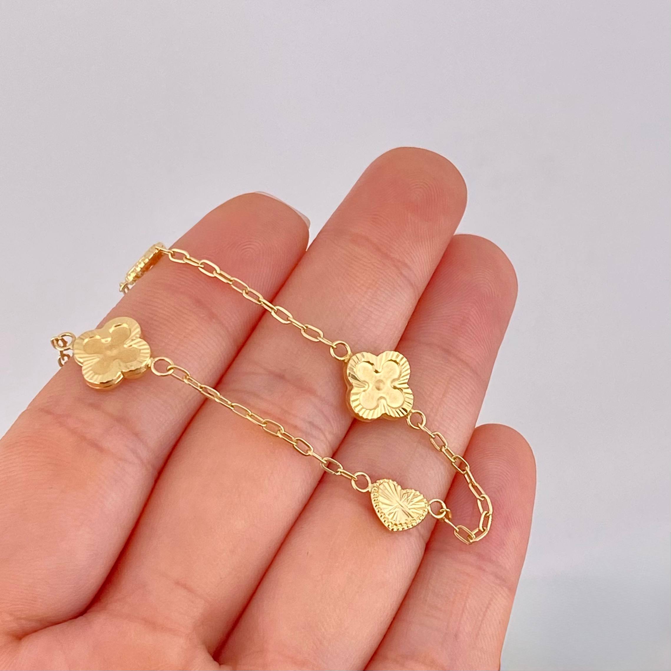 Pulso Aro Seguido Trébol y Corazón Diamantados 2.55g / 18.5cm / 1.65mm Oro Amarillo 18K
