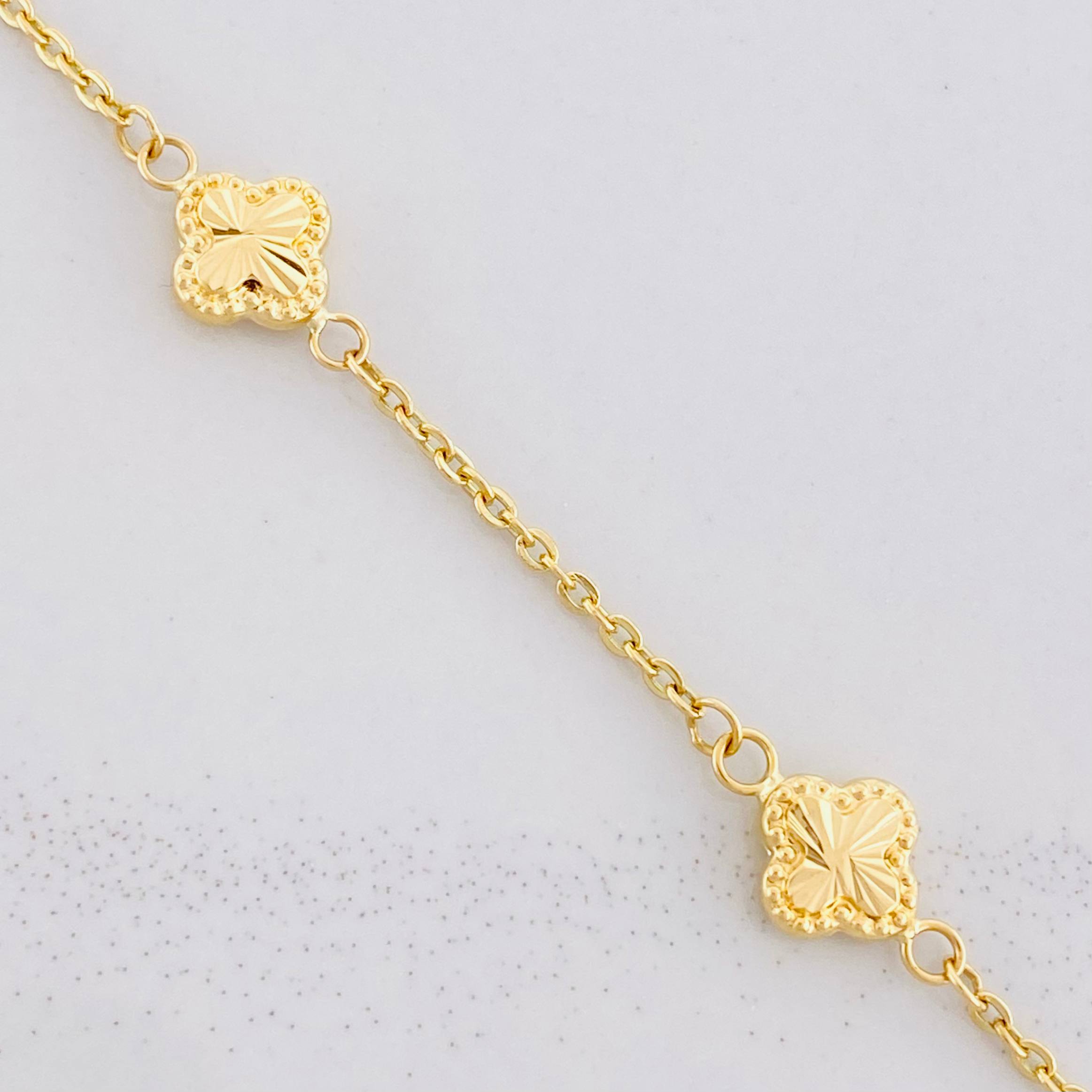 Pulso Aro Seguido Trébol Diamantado 2.6g / 18.2cm / 1.55mm Oro Amarillo 18K