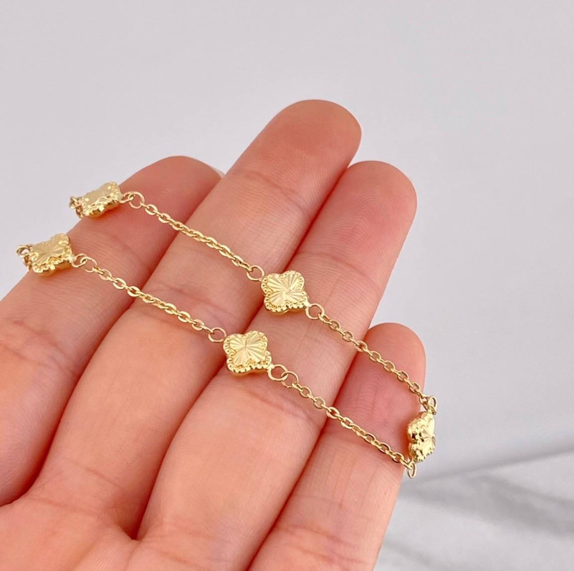 Pulso Aro Seguido Trébol Diamantado 2.6g / 18.5cm / 1.55mm Oro Amarillo 18K