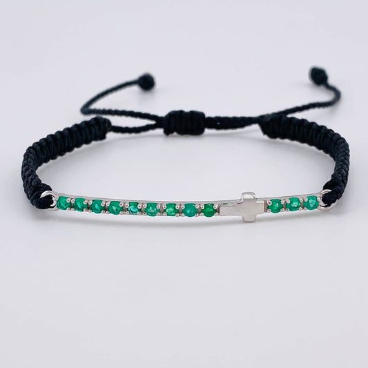 Pulsera Tejida Cruz Lineal En Relieve Esmeraldas 459Ts Oro Blanco 18K