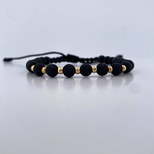 Pulsera Negra 0.4gr / 3mm Bolas Lisas Neoprenos Oro Amarillo 18K (A.C)