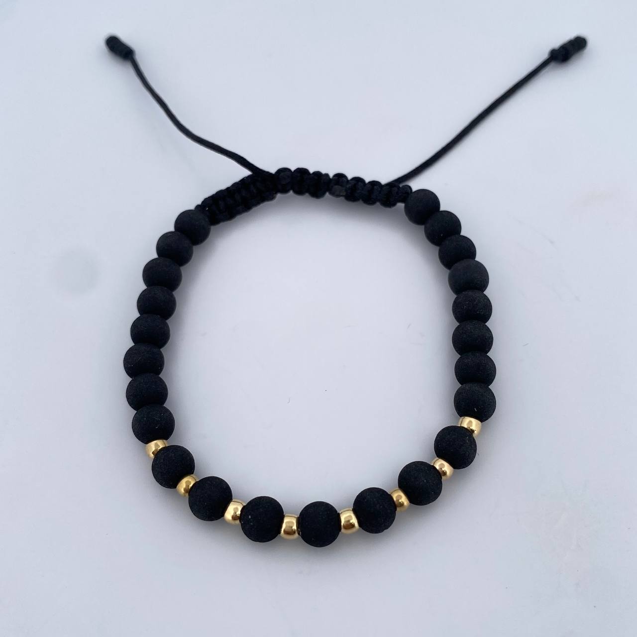 Pulsera Negra 0.4gr / 3mm Bolas Lisas Neoprenos Oro Amarillo 18K (A.C)