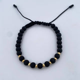 Pulsera Negra 0.4gr / 3mm Bolas Lisas Neoprenos Oro Amarillo 18K (A.C)