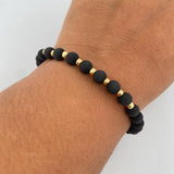 Pulsera Negra 0.4gr / 3mm Bolas Lisas Neoprenos Oro Amarillo 18K (A.C)