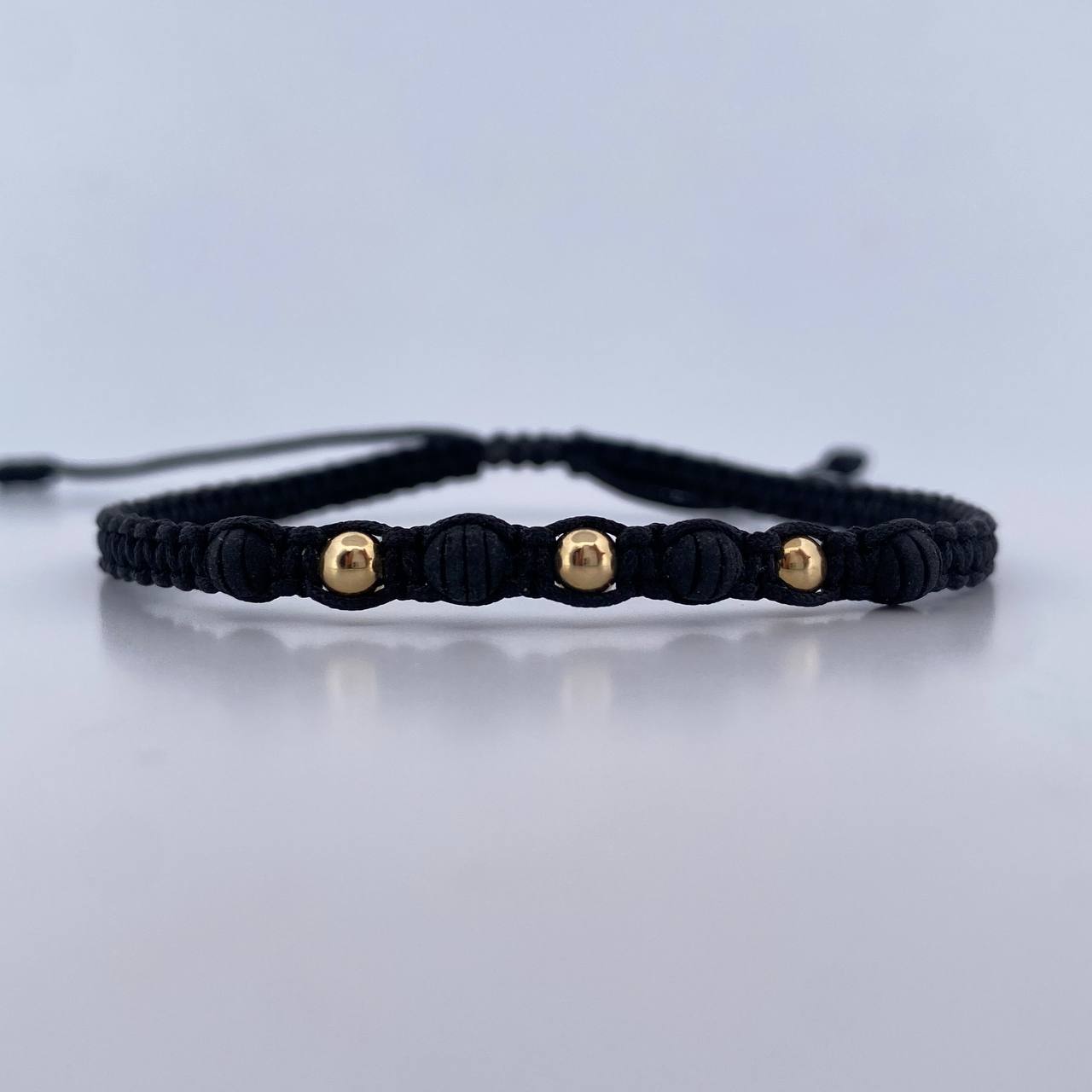 Pulsera Negra 0.15gr / 3mm Bolas Lisas Neoprenos Oro Amarillo 18K (A.C)