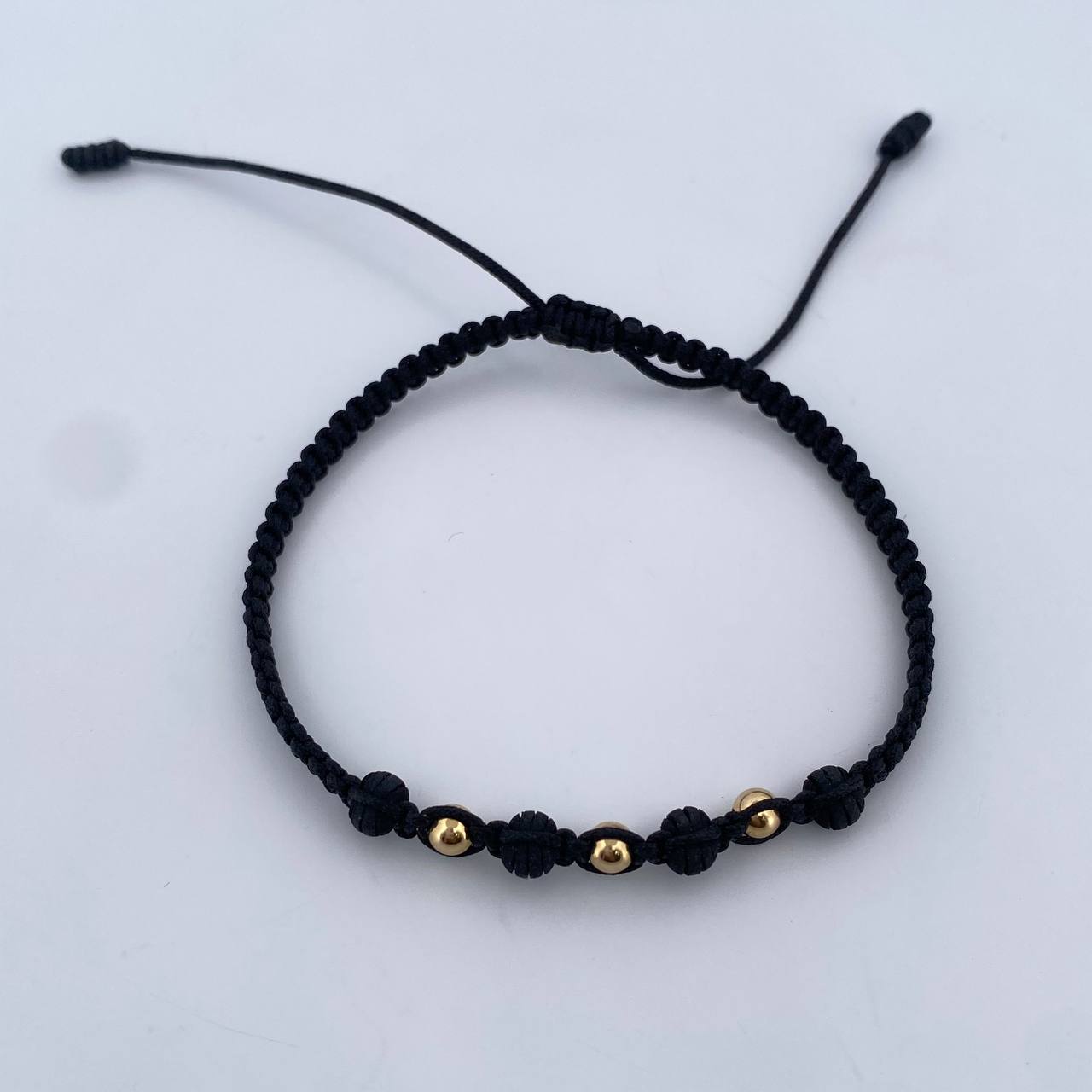 Pulsera Negra 0.15gr / 3mm Bolas Lisas Neoprenos Oro Amarillo 18K (A.C)