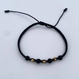 Pulsera Negra 0.15gr / 3mm Bolas Lisas Neoprenos Oro Amarillo 18K (A.C)