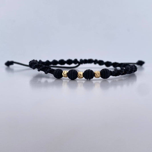 Pulsera Negra 0.25gr / 3mm Bolas Diamantadas Neoprenos Oro Amarillo 18K (A.C)