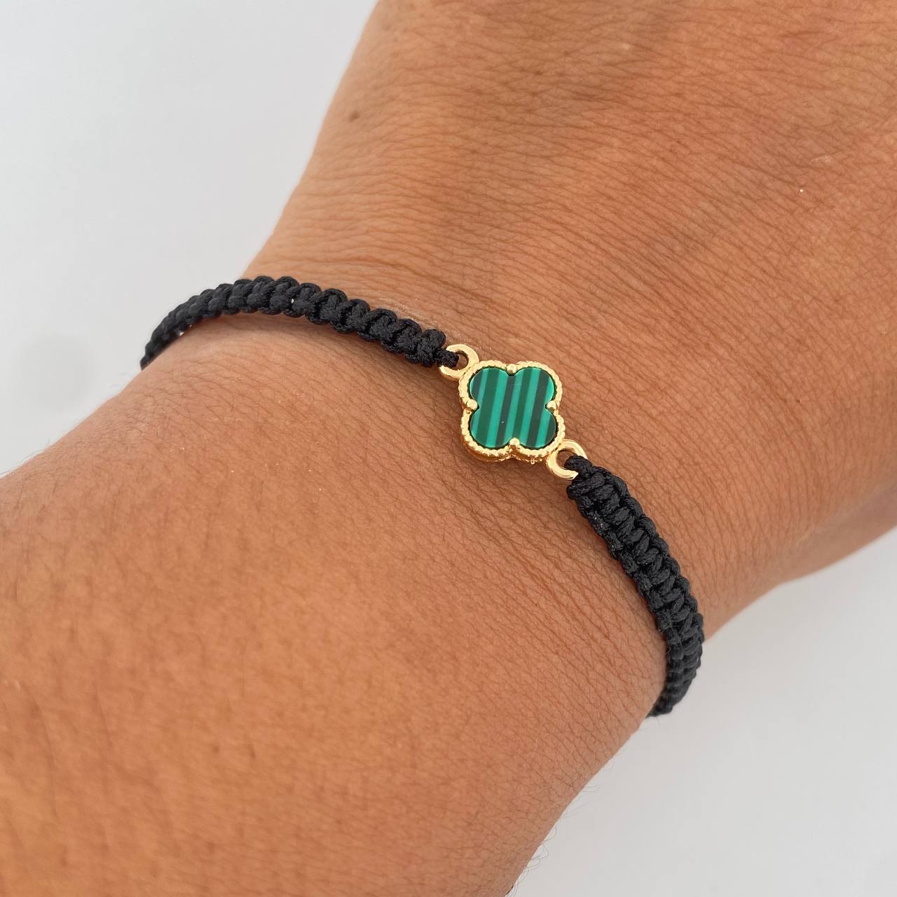 Pulsera Negra Trebol 0.85gr / Malaquita Verde Oro Amarillo Nac.Esp. 18K &