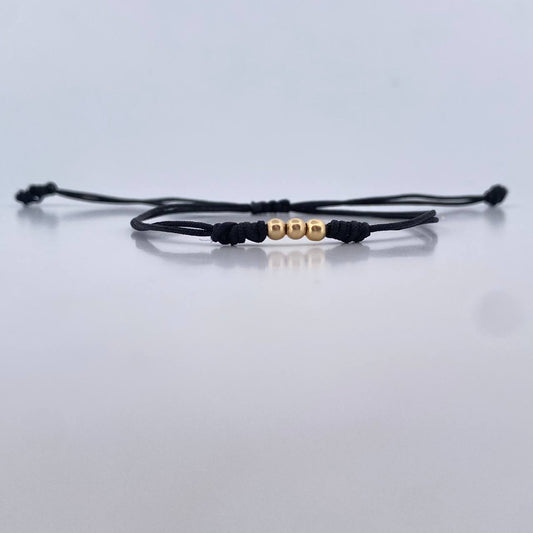 Pulsera Negra 0.15gr / 3mm Bolas Lisas 3und Oro Amarillo 18K (A.C)
