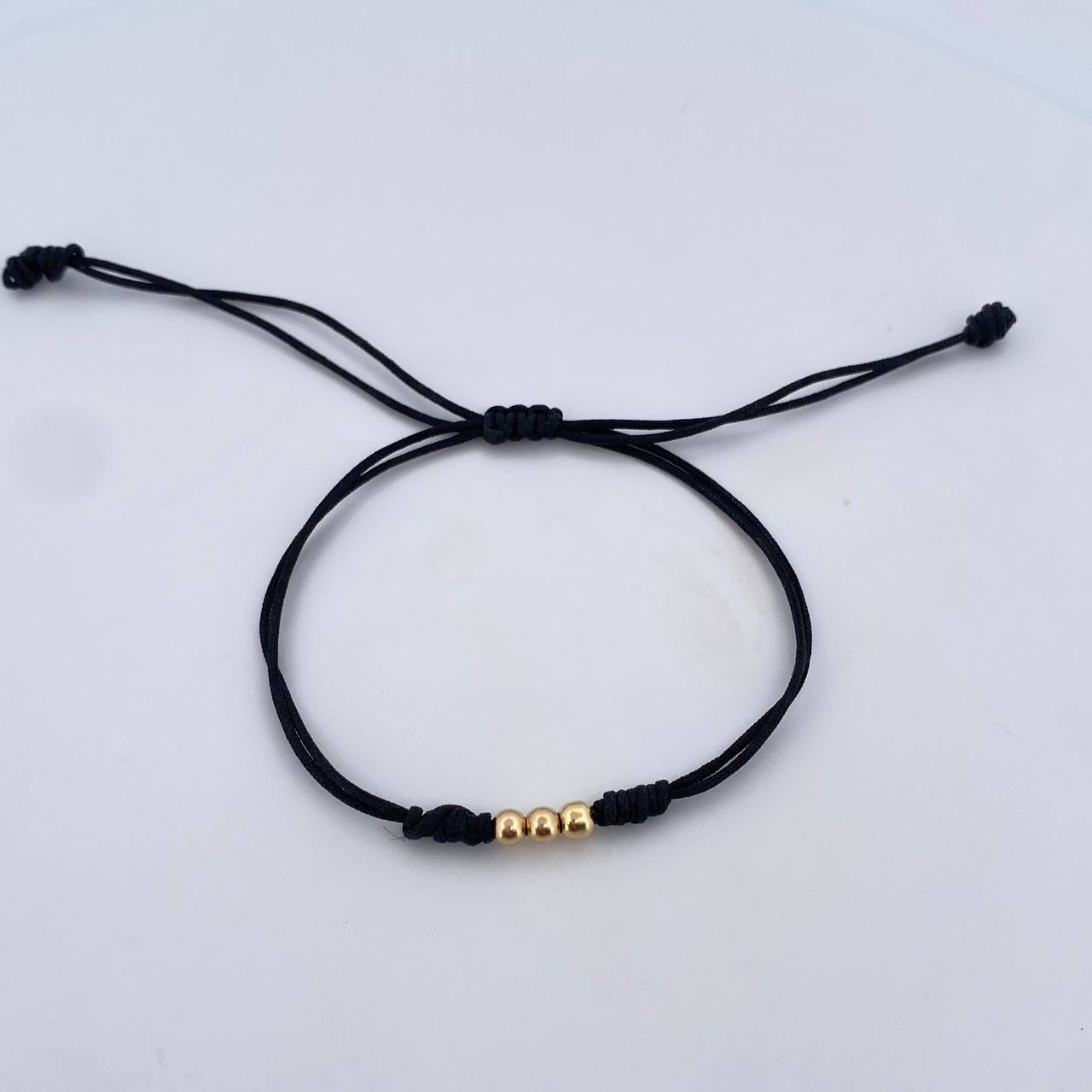 Pulsera Negra 0.15gr / 3mm Bolas Lisas 3und Oro Amarillo 18K (A.C)