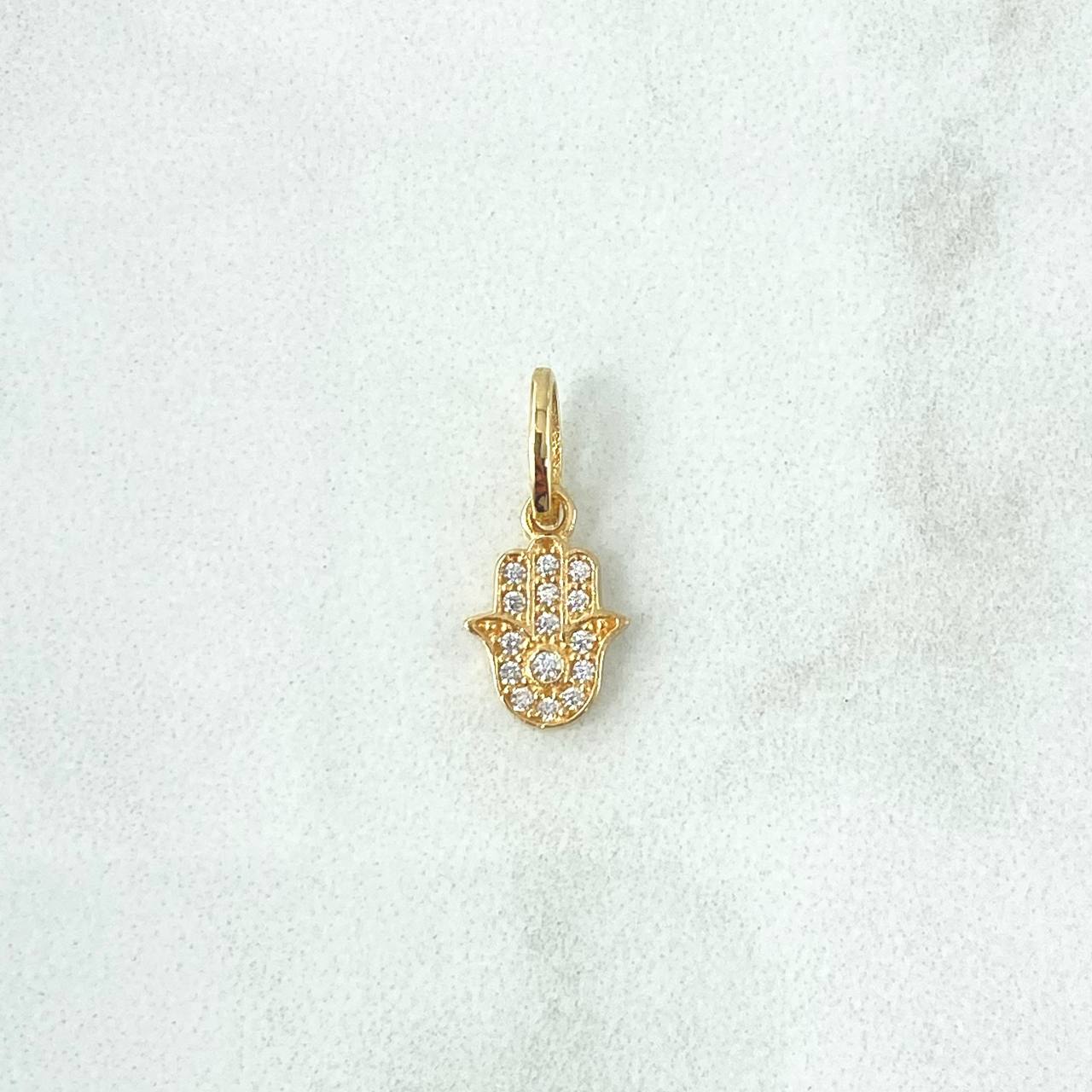 Dije Mano Hamsa 0.7gr / 1.6cm / Circones Blancos Oro Amarillo 18K