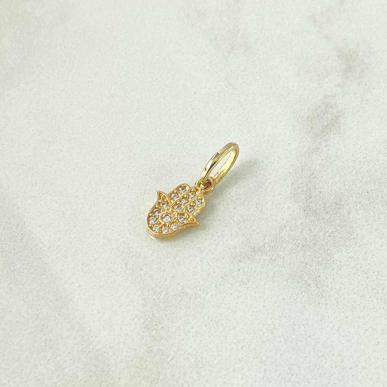 Dije Mano Hamsa 0.75gr / 1.6cm / Circones Blancos Oro Amarillo 18K