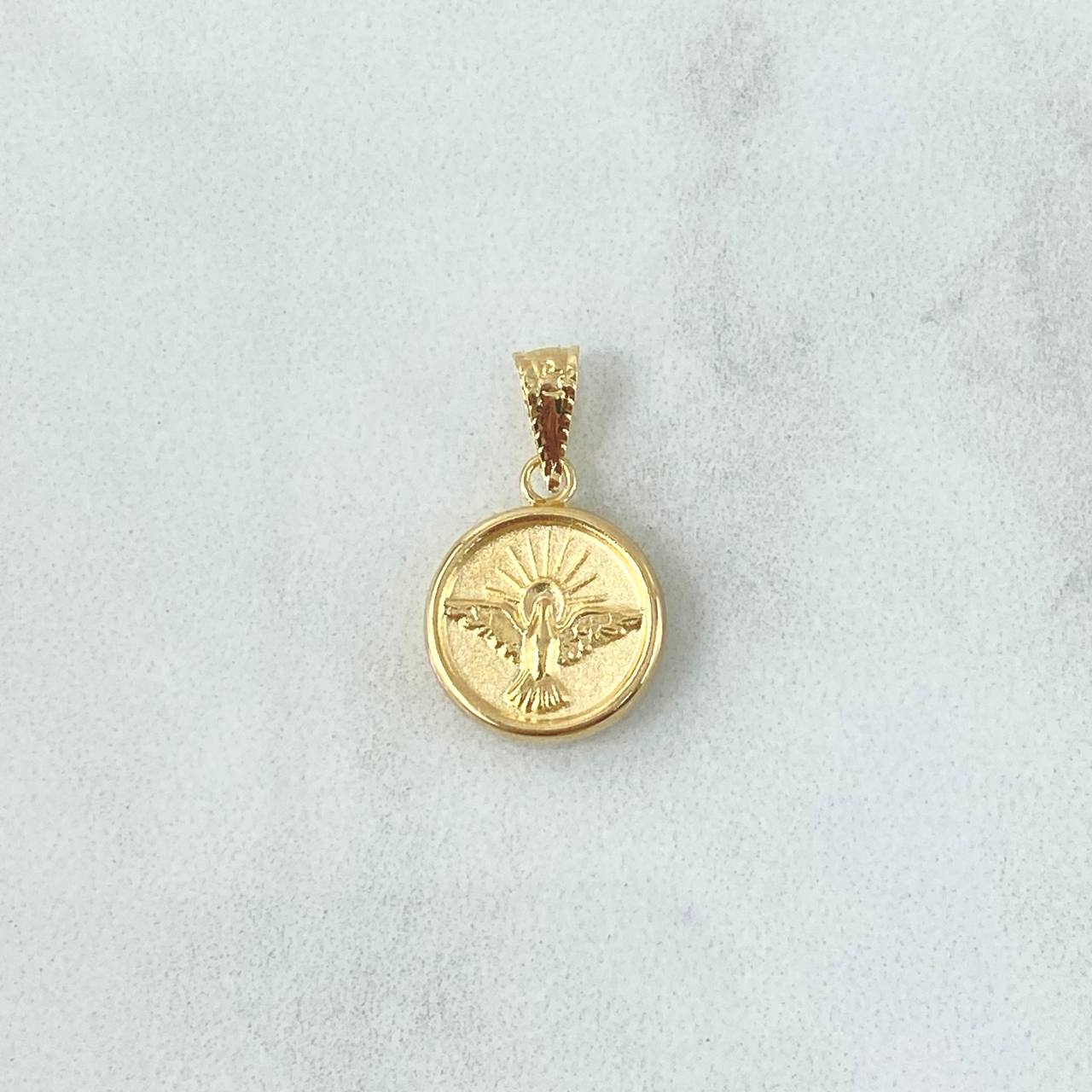 Dije Espiritu Santo Medalla Troquelada 0.6gr / 1.9cm / Mate Liso Cargador Bordeado Oro Amarillo 18K