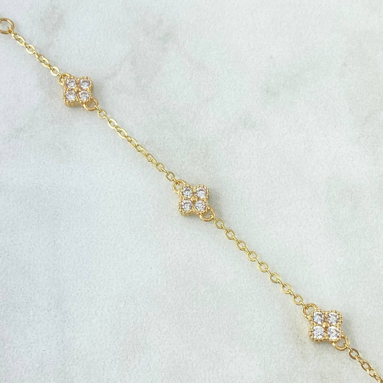 Pulso Aro Seguido Flores Graduable 3.2gr / 15cm-18cm / 1.5mm Borde Texturizado Circones Blancos Oro Amarillo 18K *