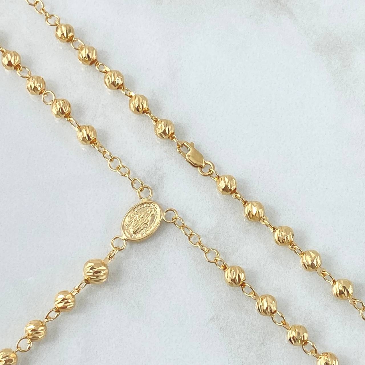 Rosario Virgen Milagrosa 10.55gr / 52.5cm / 4mm-5mm Bolas Diamantadas Cruz Cristo Bordeada Oro Amarillo 18K *