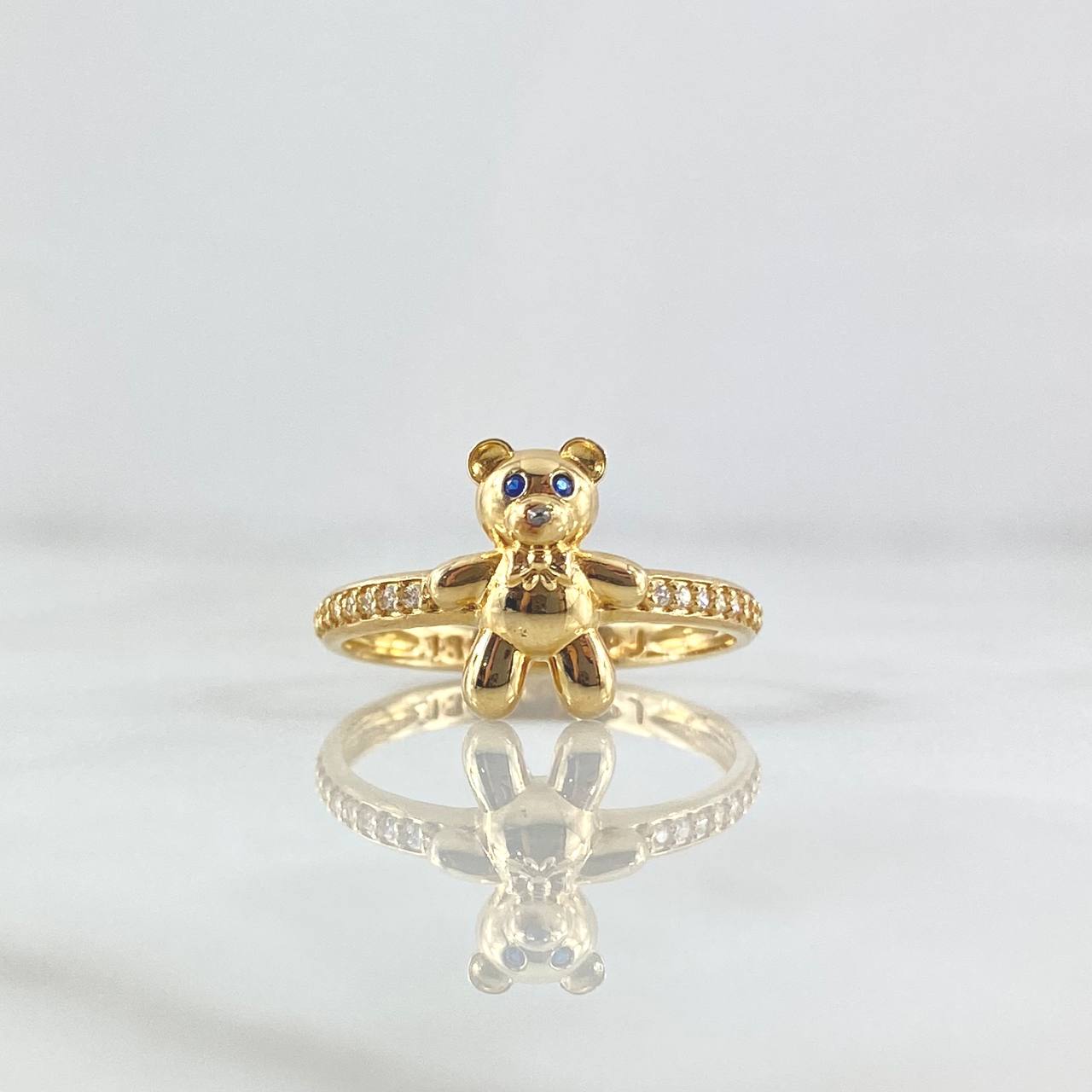 Anillo Oso En Media Churumbela 2.4gr / T7 1/2 / Ojos Azules Circones blancos Oro Amarillo 18K *