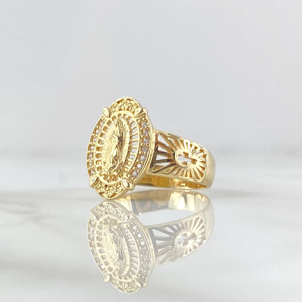 Anillo Virgen De Guadalupe Marco Filigrana 4gr / T6 3/4 / Circones Blancos Oro Amarillo 18K