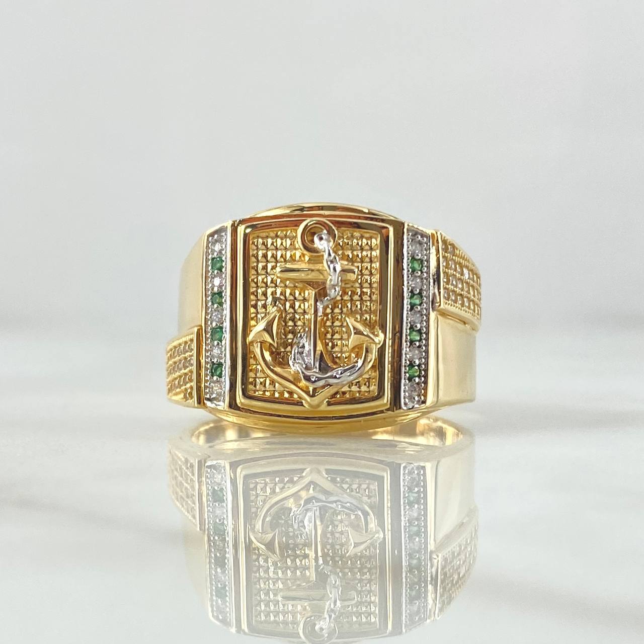 Anillo Ancla 9.25gr / T10 1/2 / Circones Blancos Y Verdes Dos Oros Amarillo Blanco 18K *