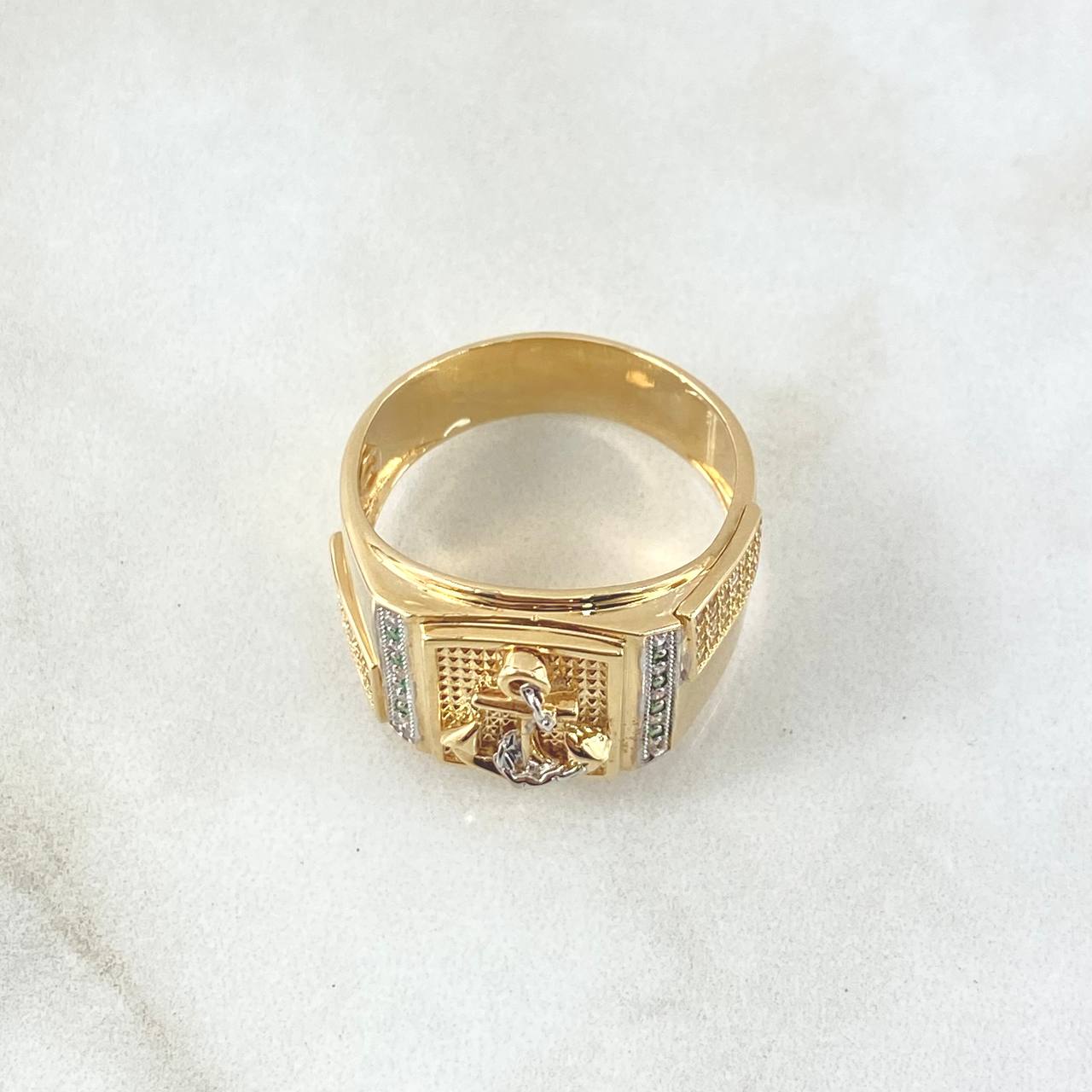 Anillo Ancla 9.25gr / T10 1/2 / Circones Blancos Y Verdes Dos Oros Amarillo Blanco 18K *