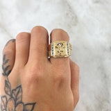 Anillo Ancla 9.25gr / T10 1/2 / Circones Blancos Y Verdes Dos Oros Amarillo Blanco 18K *