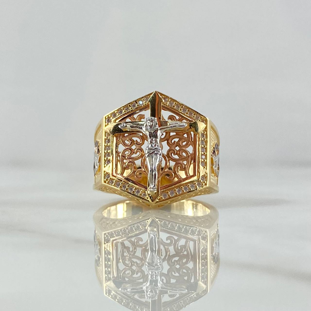 Anillo Cruz Cristo Puntas Triangulares 11.5gr / T9 3/4 / Circones Blancos Tres Oros 18K *