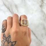 Anillo Cruz Cristo Puntas Triangulares 11.5gr / T9 3/4 / Circones Blancos Tres Oros 18K *