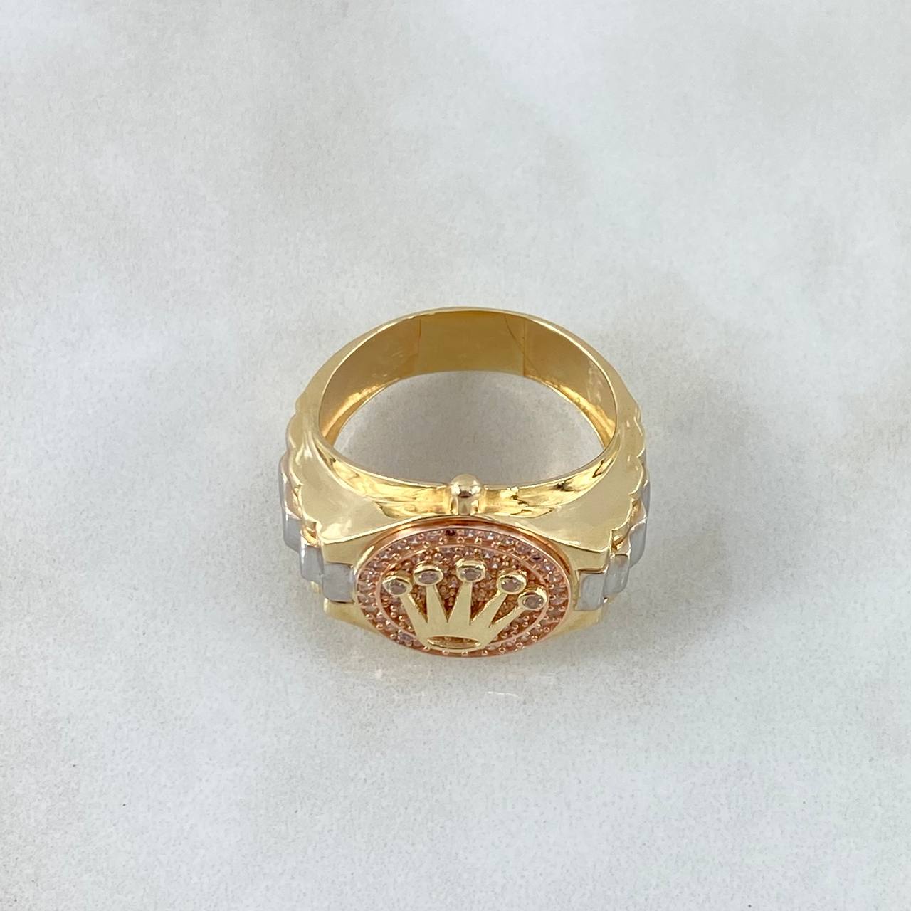 Anillo Sello Correa Corona RX 7gr / T8 3/4 / Circones Blancos Tres Oros 18K
