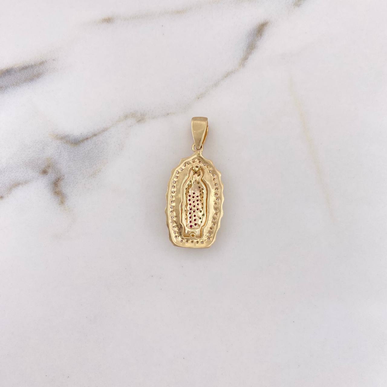 Dije Virgen Guadalupe 5.25gr / 3.6cm / Circones Blancos-Fucsias-Verdes Oro Amarillo 18K #