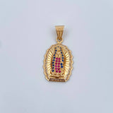 Dije Virgen Guadalupé 2.95gr / 2.9cm / Circones Blancos Azules Fucsias Oro Amarillo 18K $