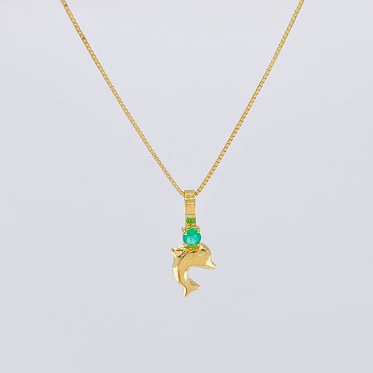 Set Cadena Veneciana + Dije Troquel Delfin Esmeralda 3 Pts / 1.05 g / 45 cm Oro Amarillo 18K