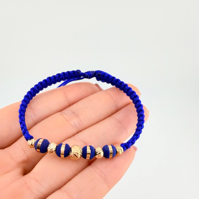 Pulsera Tejida Azul Rey Neoros 4Und / Bolas 5Und 4Mm-5Mm-6Mm Oro Amarillo 18K