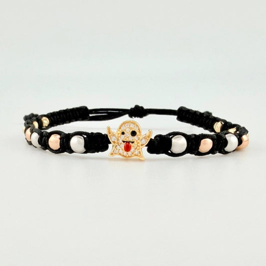 Pulsera Tejida Negra Herraje Fantasma / Bolas Lisas 8Und 4Mm- Bola Diamantada 6Und 3Mm Tres Oros 18K