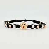 Pulsera Tejida Negra Herraje Fantasma / Bolas Lisas 8Und 4Mm- Bola Diamantada 6Und 3Mm Tres Oros 18K