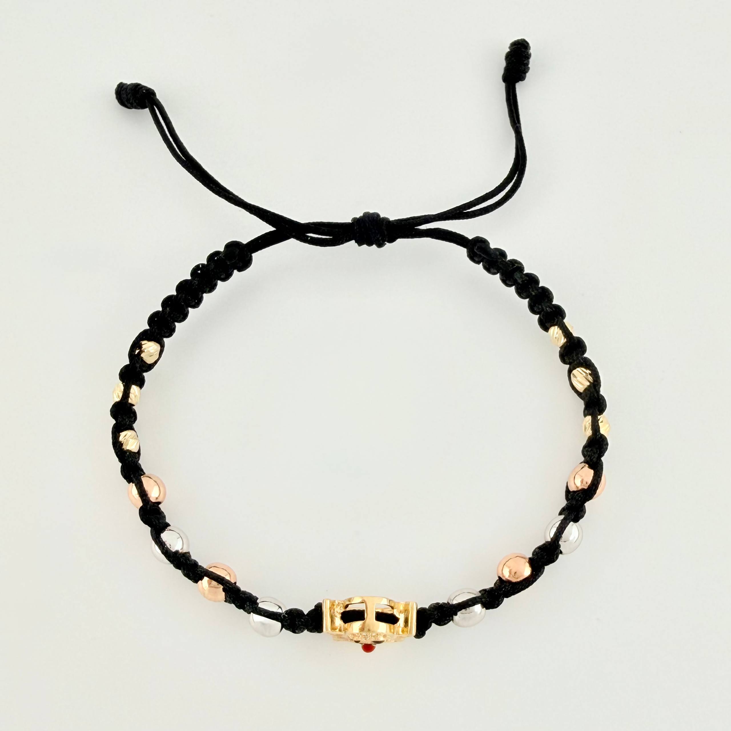 Pulsera Tejida Negra Herraje Fantasma / Bolas 6Und 3mm- 8Und 4mm Tres Oros 18K