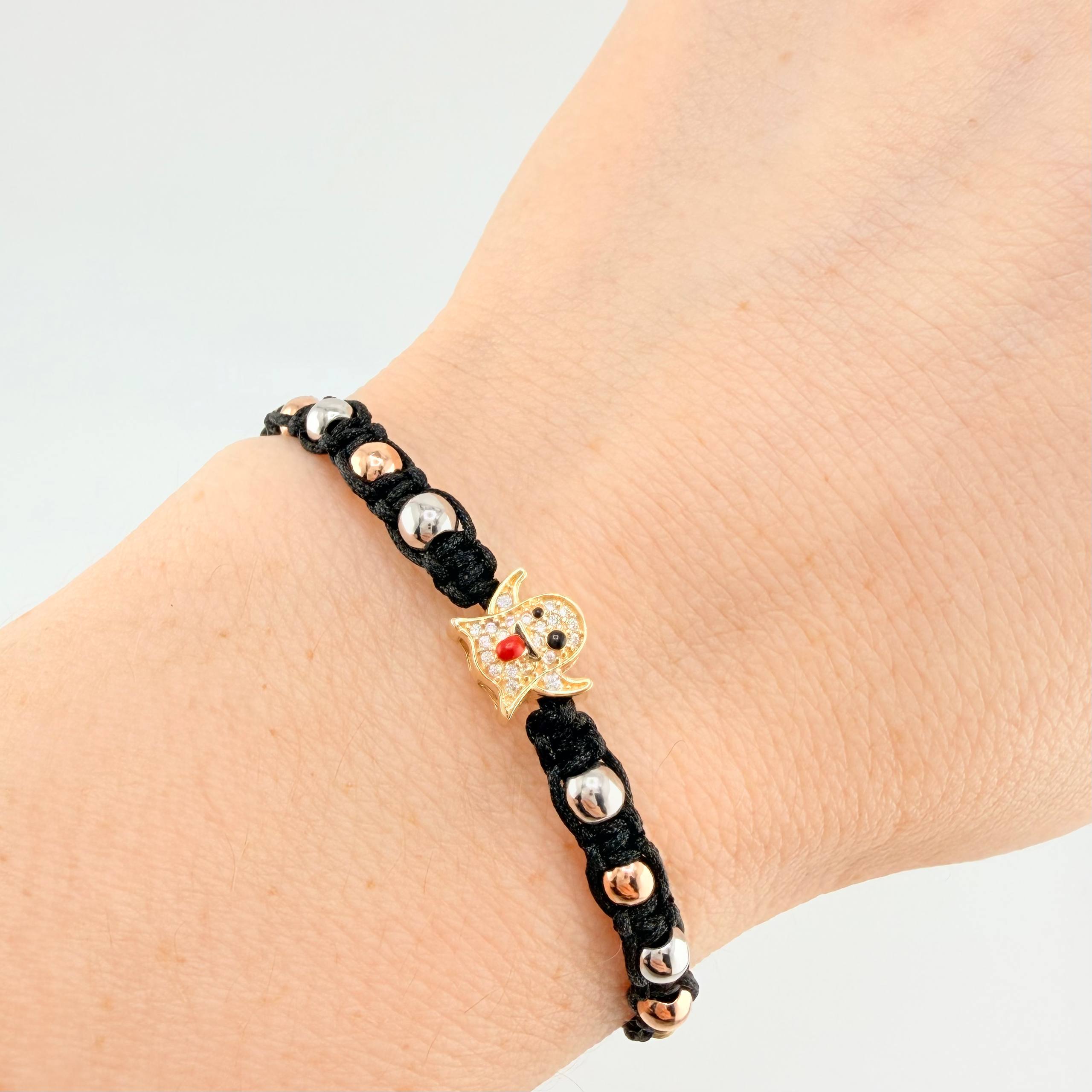Pulsera Tejida Negra Herraje Fantasma / Bolas 6Und 3mm- 8Und 4mm Tres Oros 18K