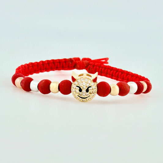 Pulsera Tejida Roja Herraje Emoji Diablito/ Bolas 6Und 4mm Tres Oros 18K