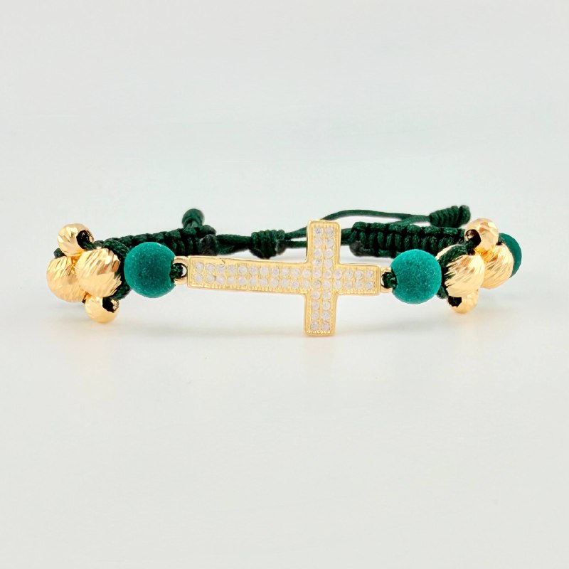 Pulsera Tejida Verde Cruz Trinidad / Bolas 4Und 6mm- 4Und 4mmOro Amarillo 18K