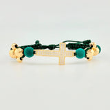 Pulsera Tejida Verde Cruz Trinidad / Bolas 4Und 6mm- 4Und 4mmOro Amarillo 18K