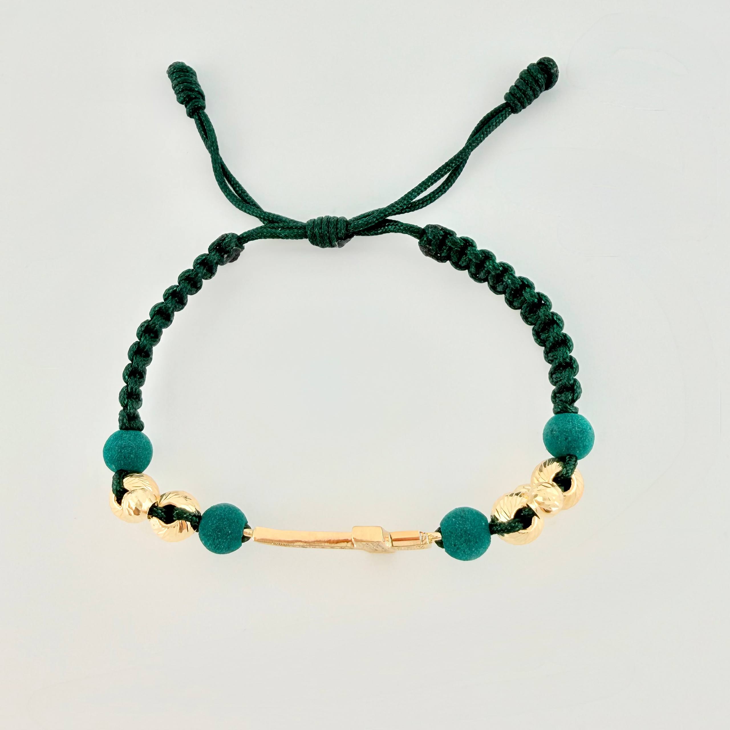 Pulsera Tejida Verde Cruz Trinidad / Bolas 4Und 6mm- 4Und 4mmOro Amarillo 18K