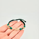 Pulsera Tejida Verde Cruz Trinidad / Bolas 4Und 6mm- 4Und 4mmOro Amarillo 18K