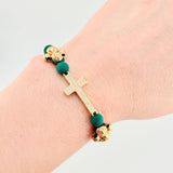 Pulsera Tejida Verde Cruz Trinidad / Bolas 4Und 6mm- 4Und 4mmOro Amarillo 18K