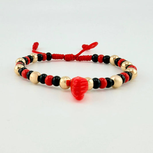 Pulsera Tejida Roja Mano Protección / Bolas 10Und 5Mm Oro Amarillo 18K (A.C)