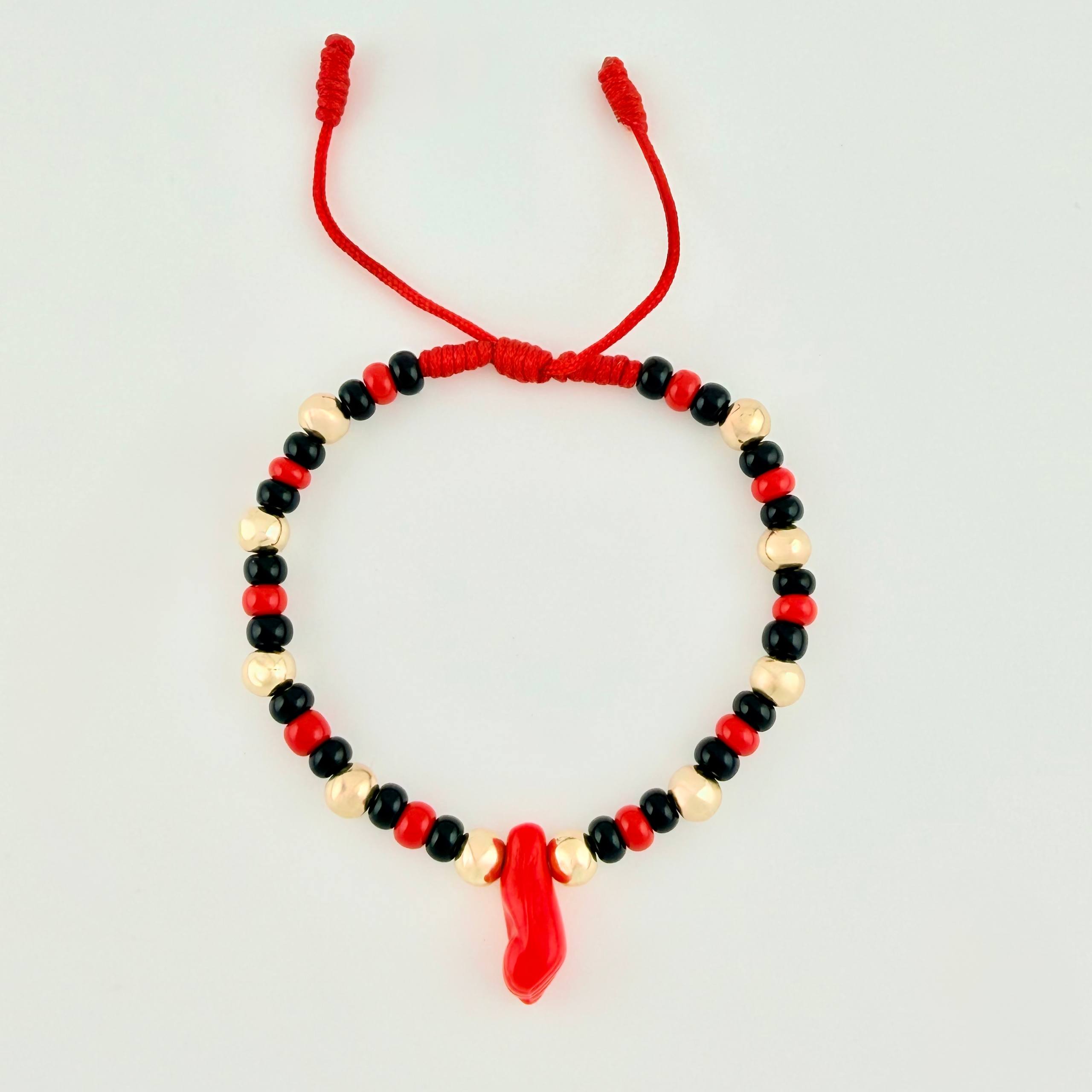 Pulsera Tejida Roja Mano Protección / Bolas 10Und 5Mm Oro Amarillo 18K (A.C)