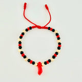 Pulsera Tejida Roja Mano Protección / Bolas 10Und 5Mm Oro Amarillo 18K (A.C)