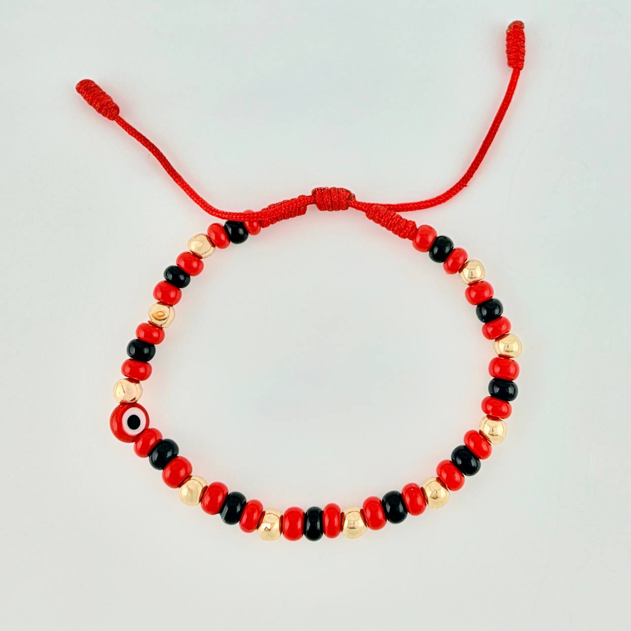 Pulsera Tejida Roja Ojo Turco / Bolas 10Und 4Mm Oro Amarillo 18K
